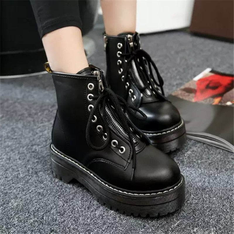 COOTELILI Fashion Zipper Flat Shoes Woman High Heel Platform PU Leather Boots Lace up Cow Muscle Shoes Martin Boots Girls 35-40