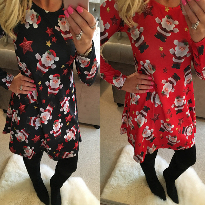 Large Size Print Dress For Women 2018 Autumn New Christmas Cartoon Casual Dresses Long Sleeve Mini Dress Plus Size S-5XL On Sale