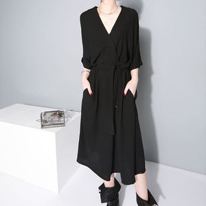 [EAM] 2018 New Autumn winter V-collar Half Sleeve Bandgae Loose Temperament Loose Big Size Chiffon Dress Women Fashion  JF733