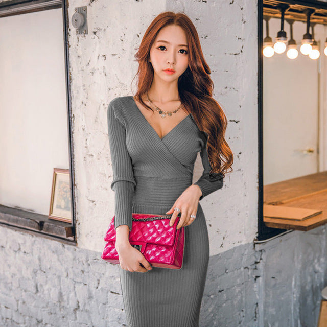 Fit 45-70KG Autumn Winter Women Knitted Cotton Skinny Sweater Dress V-neck Slim Bodycon Dress Elegant Pink Sexy Party Vestidos