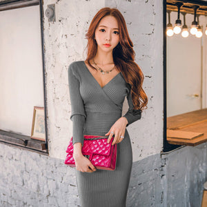 Fit 45-70KG Autumn Winter Women Knitted Cotton Skinny Sweater Dress V-neck Slim Bodycon Dress Elegant Pink Sexy Party Vestidos