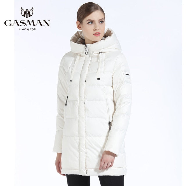 GASMAN 2018 Winter Women Down Jacket Brand Medium Length Female Thick Hooded Down Parka For Women Coat White Women Cloth Winter