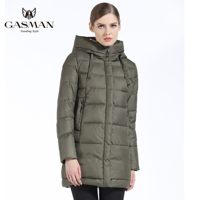 GASMAN 2018 Winter Women Down Jacket Brand Medium Length Female Thick Hooded Down Parka For Women Coat White Women Cloth Winter