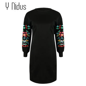 Y Nidus Dresses Women Winter Mini Dress Elegant Floral Print Long Sleeve O-Neck Loose Warm Dress Black Streeetwear vestido 2018