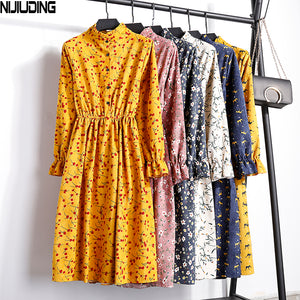 Corduroy High Elastic Waist Vintage Dress A-line Style 2018 Winter Women Full Sleeve Floral Print Dresses Feminino 23 Colors