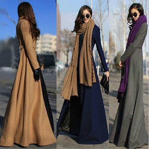 2017 New Women Fashion Winter Warm Elegant Slim Fit Super Long Woolen Cloth Dust Coat