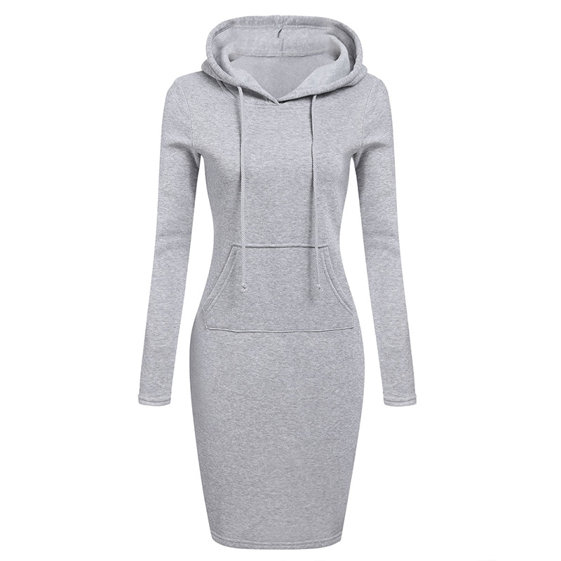 Zebery Autumn Winter Warm Sweatshirt Long-sleeved Dress 2018 Woman Clothing Hooded Collar Pocket Design Simple Woman Dress