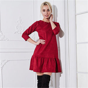 Fall 2018 Women Suede Casual Three Quarter Sleeve T Shirt Mini Dress Autumn Winter Fashion Vintage Ruffle Christmas Dresses