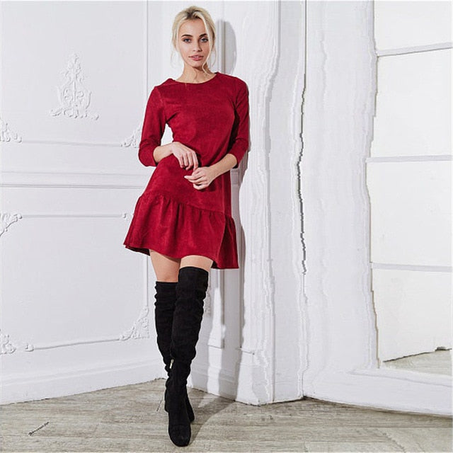 Fall 2018 Women Suede Casual Three Quarter Sleeve T Shirt Mini Dress Autumn Winter Fashion Vintage Ruffle Christmas Dresses