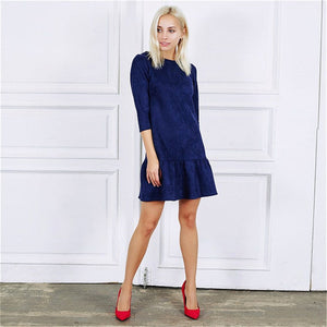 Fall 2018 Women Suede Casual Three Quarter Sleeve T Shirt Mini Dress Autumn Winter Fashion Vintage Ruffle Christmas Dresses