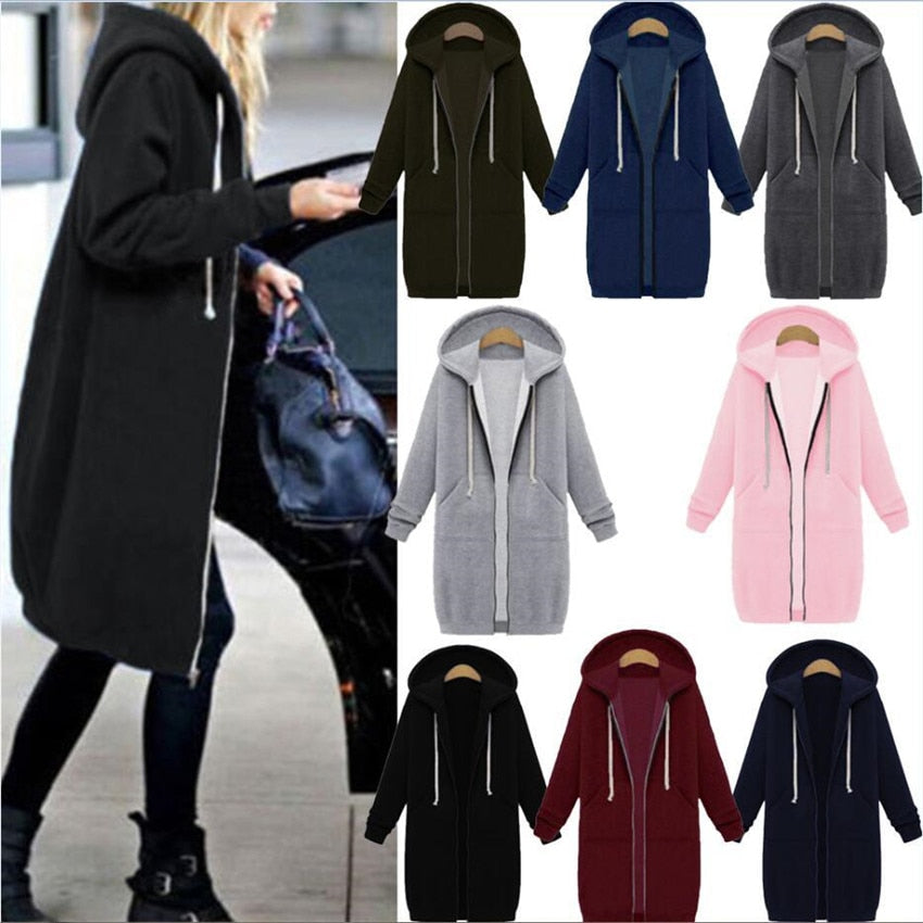 Autumn Winte Women Casual Long Zipper Hooded Jacket Hoodies Sweatshirt Vintage Plus Size 5XL Pink Outwear Hoody Coat Clothing