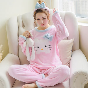 Pajamas Sets for Women 2018 Winter Fashion NightWear Leisure Home Cloth woman long Sleeve Flannel warm pyjama Girl Sleepwear Set