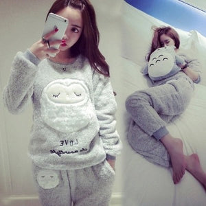 Pajamas Sets for Women 2018 Winter Fashion NightWear Leisure Home Cloth woman long Sleeve Flannel warm pyjama Girl Sleepwear Set