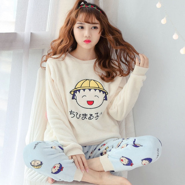 Pajamas Sets for Women 2018 Winter Fashion NightWear Leisure Home Cloth woman long Sleeve Flannel warm pyjama Girl Sleepwear Set