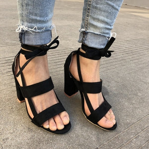 MCCKLE Plus Size Female Ankle Strap High Heels Flock Gladiator Shoes Thick Heel Fashion Women Party Wedding Pumps Drop Shipping