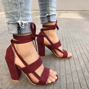 MCCKLE Plus Size Female Ankle Strap High Heels Flock Gladiator Shoes Thick Heel Fashion Women Party Wedding Pumps Drop Shipping