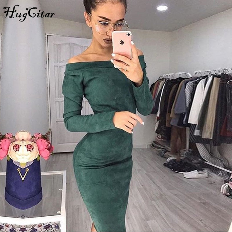 Hugcitar Suede Long Sleeve off shoulder Women mid-calf Dress 2018 Autumn Winter Female sexy Bodycon new year party Dresses