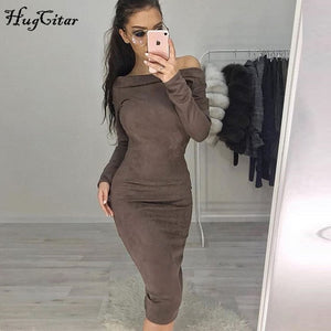 Hugcitar Suede Long Sleeve off shoulder Women mid-calf Dress 2018 Autumn Winter Female sexy Bodycon new year party Dresses