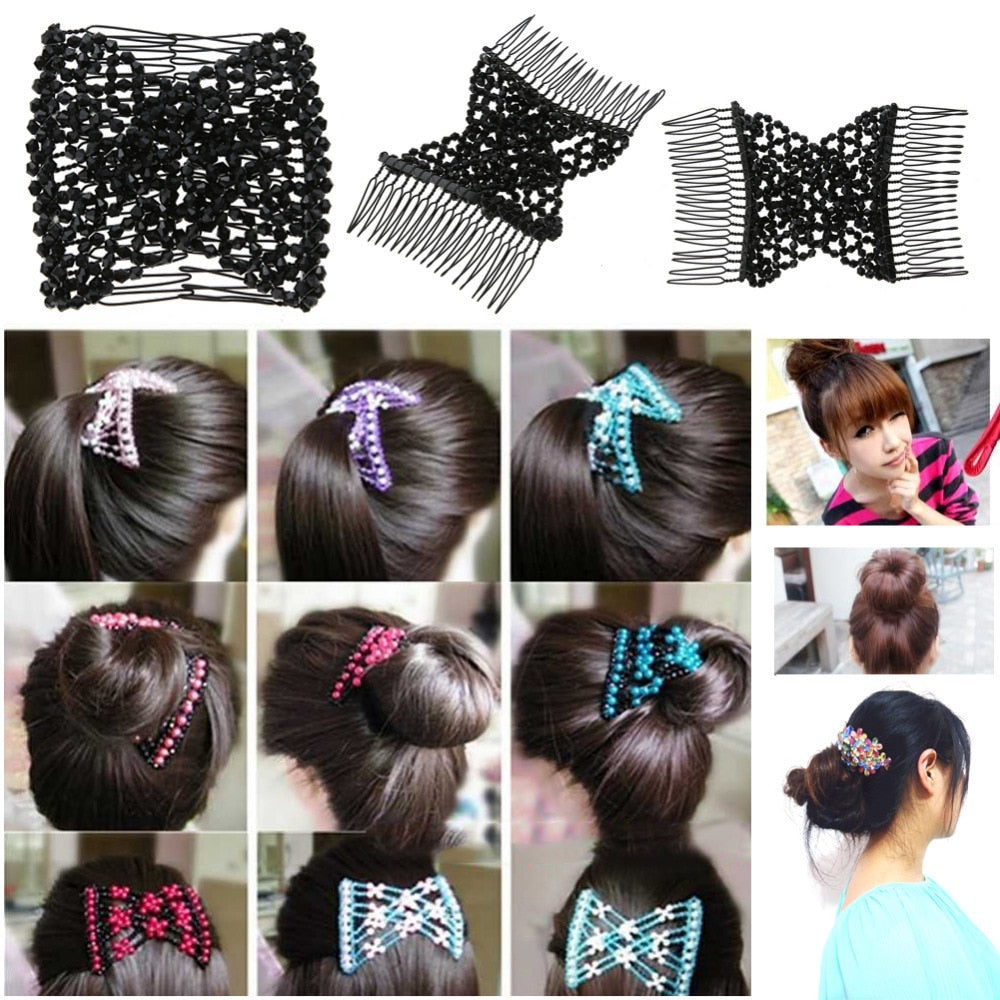 Vintage Flower Bead Stretchy Hair Combs Hair Accessories Double Magic Slide Metal Comb Clip Hairpins for Women Headband