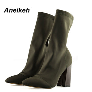 Aneikeh Women's Boots Pointed Toe Yarn Elastic Ankle Boots Thick Heel High Heels Shoes Woman Female Socks Boots 2019 Spring