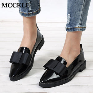 MCCKL Autumn Flats Women Shoes Bowtie Loafers Patent Leather Elegant Low Heels Slip On Footwear Female Pointed Toe Thick Heel