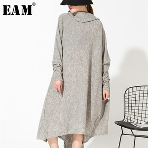 [EAM] 2018 New Autumn Gray Asymmetrical Collar Irregular Hem Loose Long Big Size Kitting Dress Women Fashion Tide AS1711