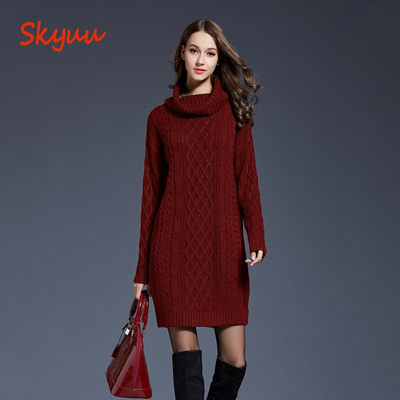 Skyuu 2018 Winter Sweater Dress Plus Size Women Long Sleeve Turtleneck White Mini Knitted Dress Lady Sweater Dresses Winter 4XL