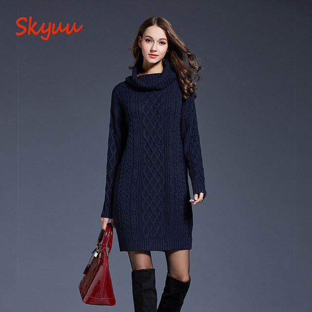 Skyuu 2018 Winter Sweater Dress Plus Size Women Long Sleeve Turtleneck White Mini Knitted Dress Lady Sweater Dresses Winter 4XL