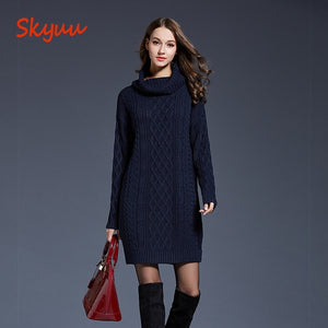 Skyuu 2018 Winter Sweater Dress Plus Size Women Long Sleeve Turtleneck White Mini Knitted Dress Lady Sweater Dresses Winter 4XL