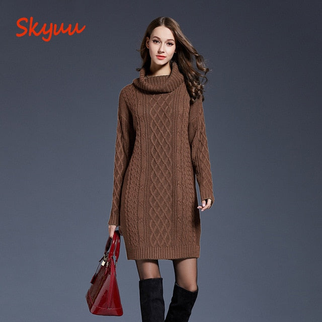 Skyuu 2018 Winter Sweater Dress Plus Size Women Long Sleeve Turtleneck White Mini Knitted Dress Lady Sweater Dresses Winter 4XL