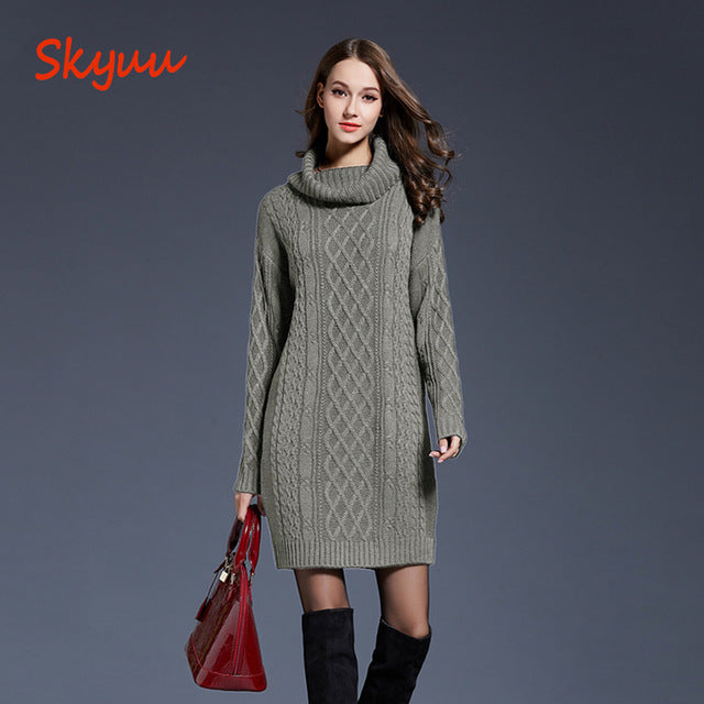 Skyuu 2018 Winter Sweater Dress Plus Size Women Long Sleeve Turtleneck White Mini Knitted Dress Lady Sweater Dresses Winter 4XL