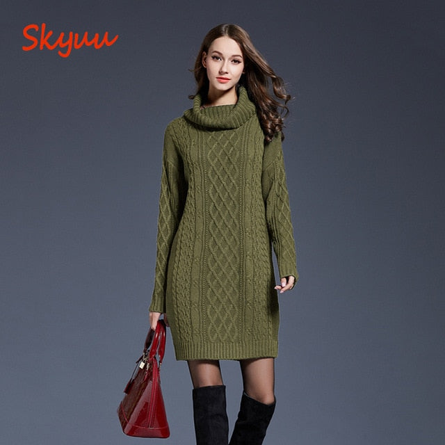 Skyuu 2018 Winter Sweater Dress Plus Size Women Long Sleeve Turtleneck White Mini Knitted Dress Lady Sweater Dresses Winter 4XL