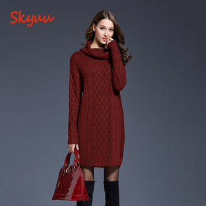 Skyuu 2018 Winter Sweater Dress Plus Size Women Long Sleeve Turtleneck White Mini Knitted Dress Lady Sweater Dresses Winter 4XL