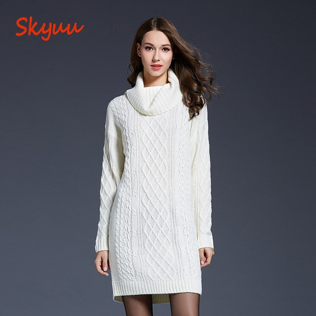 Skyuu 2018 Winter Sweater Dress Plus Size Women Long Sleeve Turtleneck White Mini Knitted Dress Lady Sweater Dresses Winter 4XL