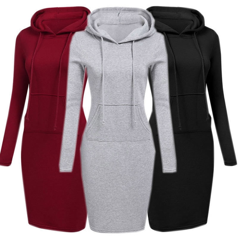 Hooded Hoodie Dress For Women 2018 Autumn Winter Fleece Solid Hoodies With Pockets Women's Sweatshirt Dresses Casual Vestidos