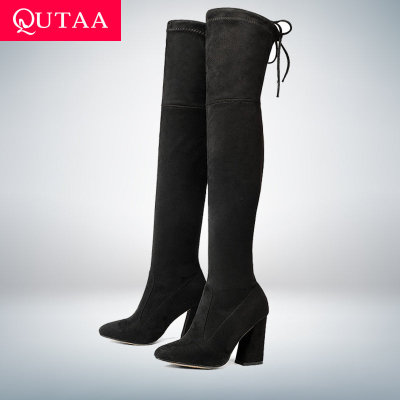 QUTAA 2018 New Flock Leather Women Over The Knee Boots Lace Up Sexy High Heels Autumn Woman Shoes Winter Women Boots Size 34-43