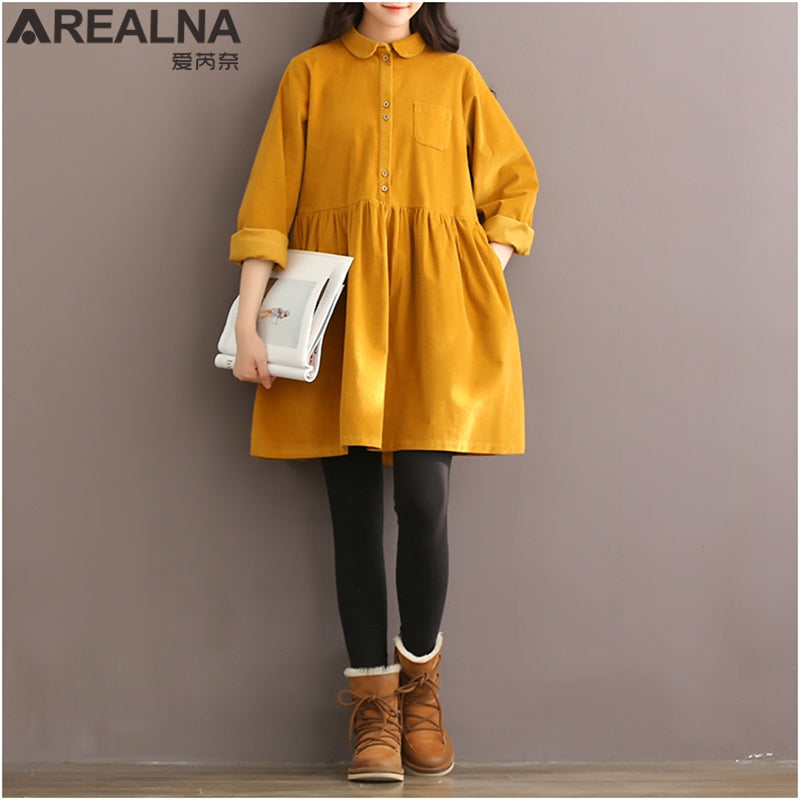 High Quality Vintage Corduroy Women Dress Long Sleeve Peter Pan Collar Mori Girl Yellow Red Autumn Winter Shirt Dresses Vestidos