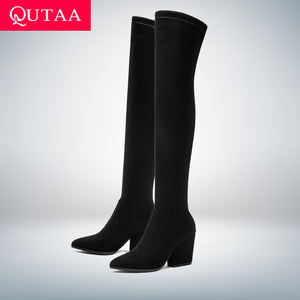 QUTAA 2019 Women Over The Knee High Boots Hoof Heels Winter Shoes Pointed Toe Sexy Elastic Fabric  Women Boots Size 34-43