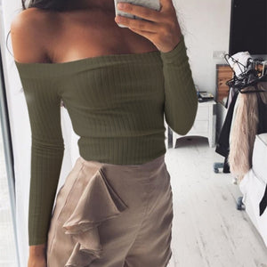 Autumn new 2018 off shoulder crop top t shirts hot sale long sleeve solid short t-shirts for women clothing fashion slim t-shirt