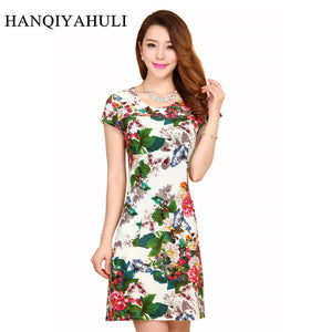 HANQIYAHULI 5XL 2018 Women style dress Slim Tunic Milk Silk print Floral Casual Plus Size vestido feminino loose dresses clothes