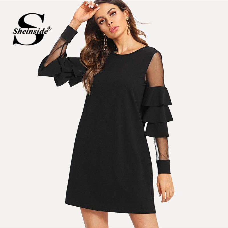 Sheinside Ruffle Sleeve Black A Line Work Dress Round Neck Contrast Mesh Tiered Layer Straight Women Fall Elegant Mini Dress