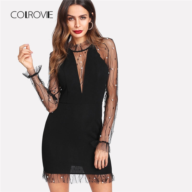 COLROVIE Black Pearl Beading Vine Mesh Panel Dress Women Ruffle Round Neck Long Sleeve Sexy Dress 2018 Party Bodycon Dress