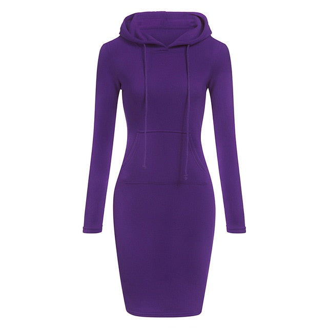 Hooded Hoodie Dress For Women 2018 Autumn Winter Fleece Solid Hoodies With Pockets Women's Sweatshirt Dresses Casual Vestidos