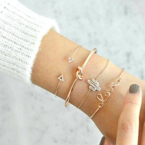 docona 4pcs/1set Punk Bracelet Simple Geometric Leaf Knot Metal Chain Bracelet Bohemian Retro Bracelet Jewelry Accessories 6115