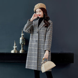 2018 Winter New Woolen Cloth Coat Korean Plaid Woolen Coat Loose Long Sleeve Single Breasted Woolen Long Coat